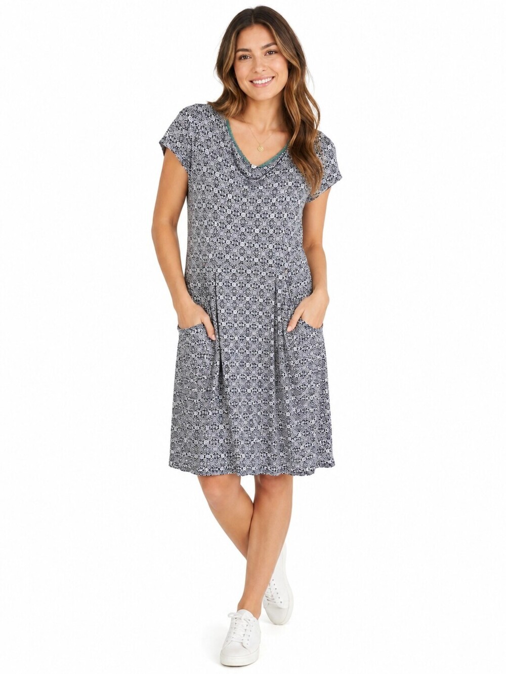 White Stuff Women’s Navy White Print Short Sleeve Pocket Dress Size UK 10 EU 38